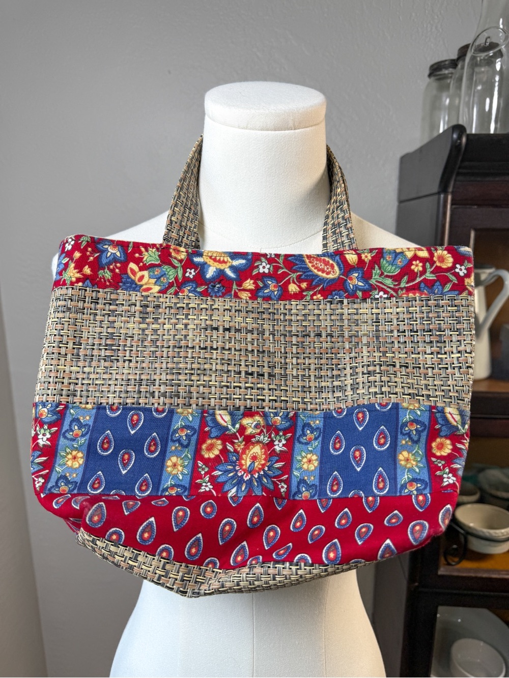 Vintage Woven Vinyl Floral Patchwork Tote Bag Market Beach Picnic Cottagecore